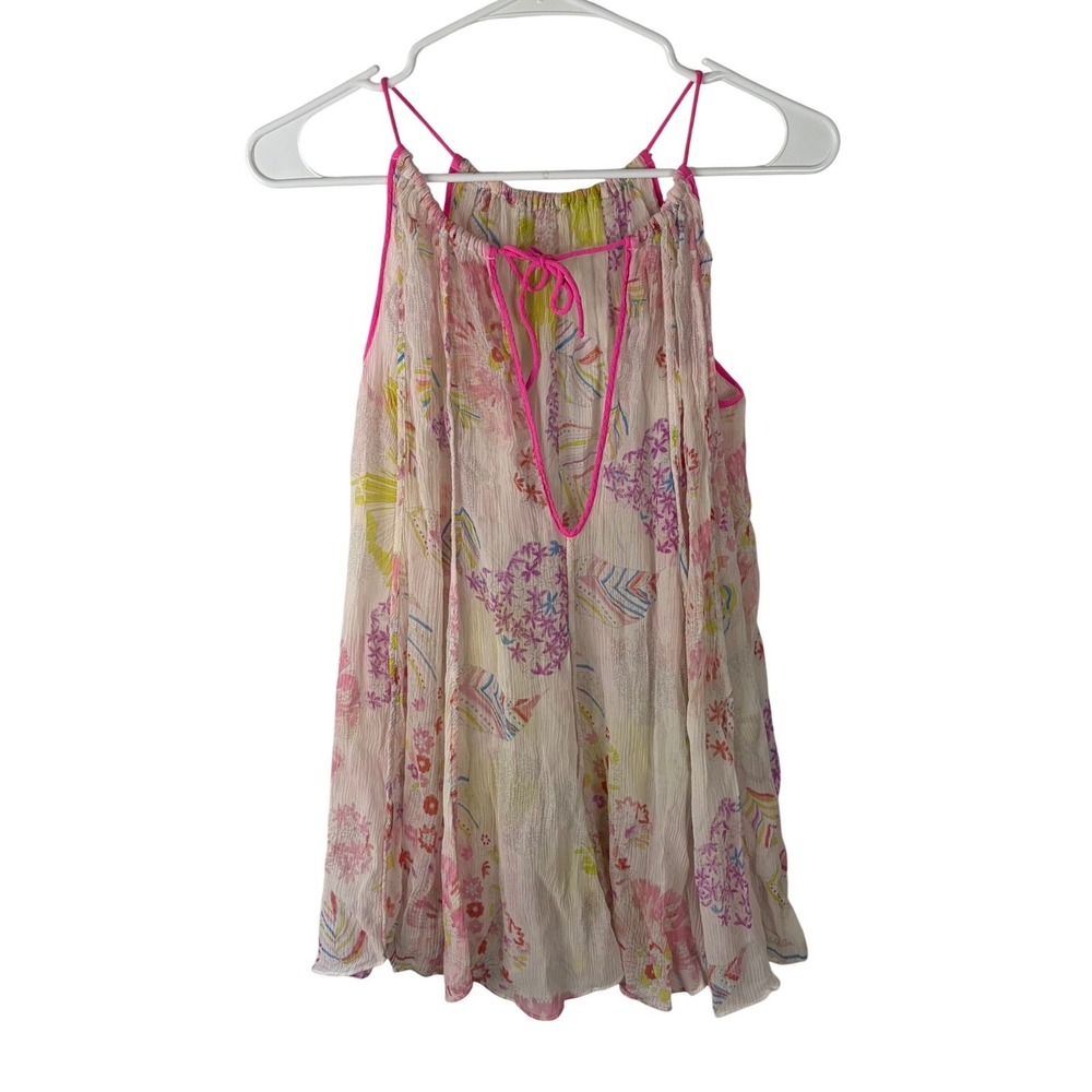 100% Silk Floral Camisole Tank Top Pink Piping Keyhole Tie Sheer Multi Color - Picture 2 of 11